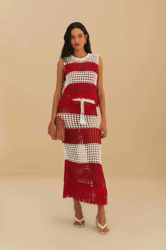 Red Stripes Crochet Blouse Women FARM Rio Blouses Red Stripes Crochet Blouse Women FARM Rio Blouses