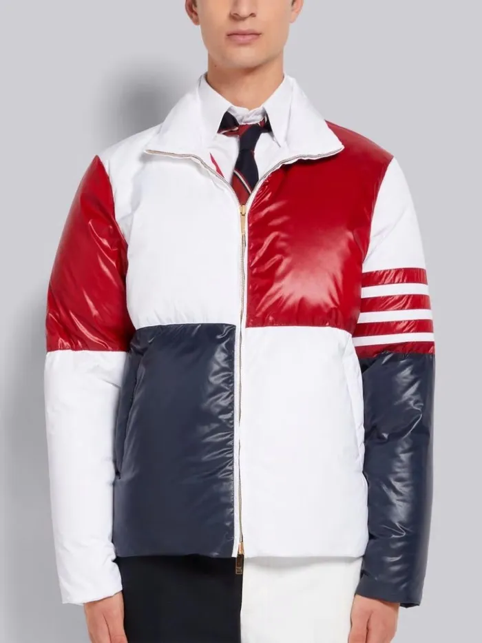 Reversible Quarter Split Poly Twill Funnel Neck Zip Up Down Jacket White Men Thom Browne Outerwear Reversible Quarter Split Poly Twill Funnel Neck Zip Up Down Jacket White Men Thom Browne Outerwear