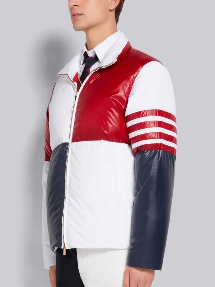 Reversible Quarter Split Poly Twill Funnel Neck Zip Up Down Jacket White Men Thom Browne Outerwear
