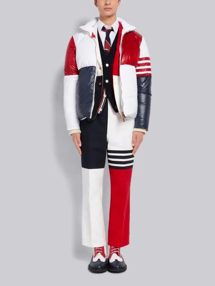 Reversible Quarter Split Poly Twill Funnel Neck Zip Up Down Jacket White Men Thom Browne Outerwear