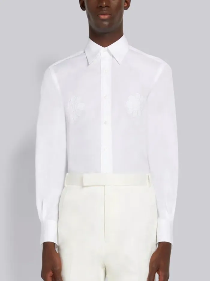 Satin Stitch Floral Applique Classic Fit Shirt White Men Thom Browne Shirting