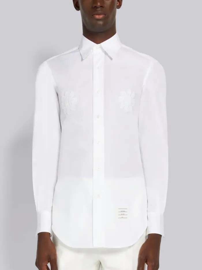 Satin Stitch Floral Applique Classic Fit Shirt White Men Thom Browne Shirting