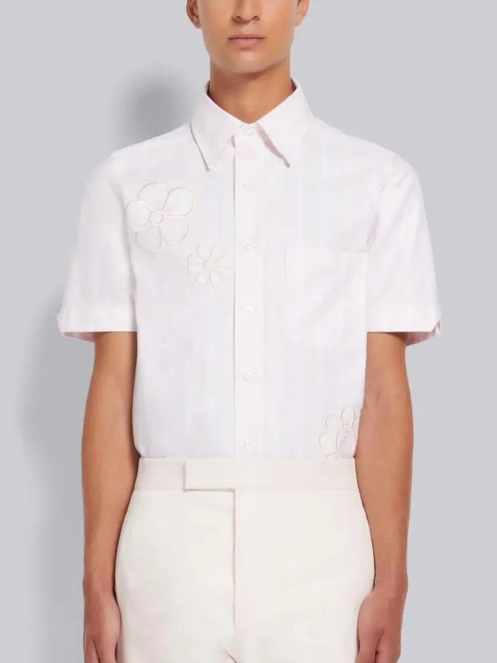 Satin Stitch Floral Applique Straight Fit Short Sleeve Shirt Light Pink Men Thom Browne Shirting Satin Stitch Floral Applique Straight Fit Short Sleeve Shirt Light Pink Men Thom Browne Shirting
