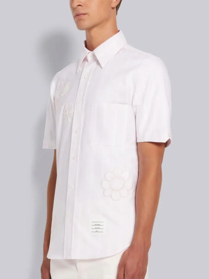 Satin Stitch Floral Applique Straight Fit Short Sleeve Shirt Light Pink Men Thom Browne Shirting