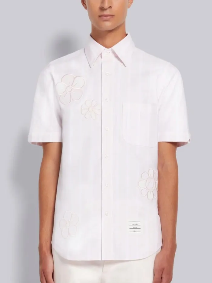 Satin Stitch Floral Applique Straight Fit Short Sleeve Shirt Light Pink Men Thom Browne Shirting