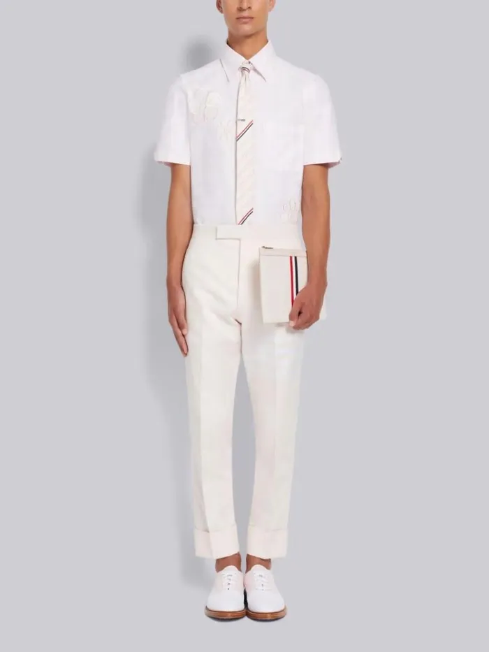 Satin Stitch Floral Applique Straight Fit Short Sleeve Shirt Light Pink Men Thom Browne Shirting