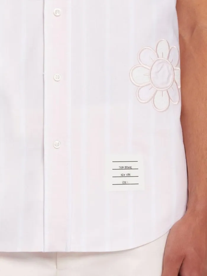 Satin Stitch Floral Applique Straight Fit Short Sleeve Shirt Light Pink Men Thom Browne Shirting