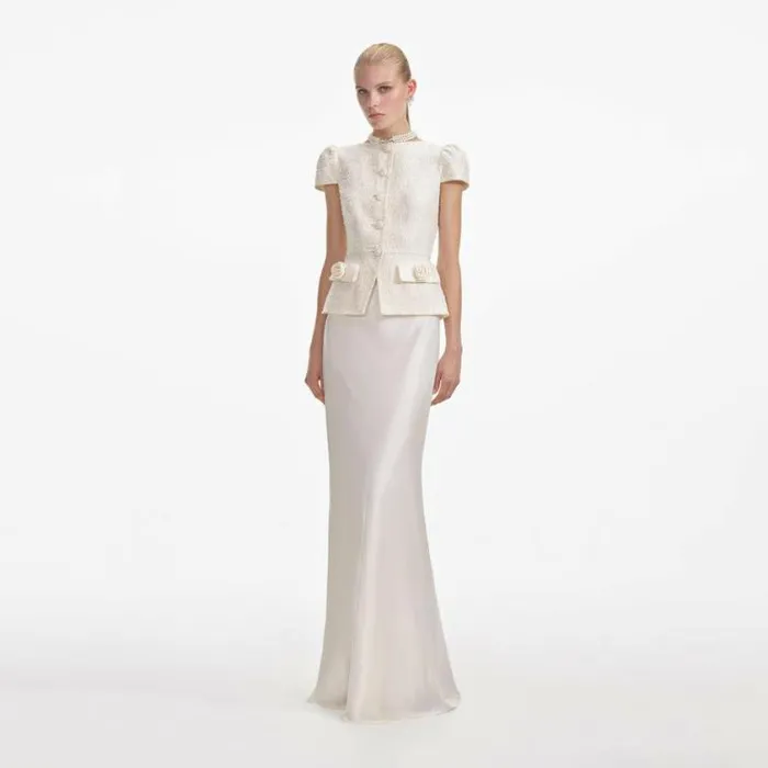 Self Portrait Bridal Cream Boucle Bow Detail Maxi Dress 8211 Women