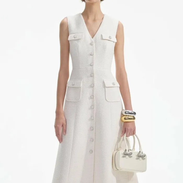 Self Portrait Bridal Cream Tinsel Boucle Buttoned Midi Dress 8211 Women