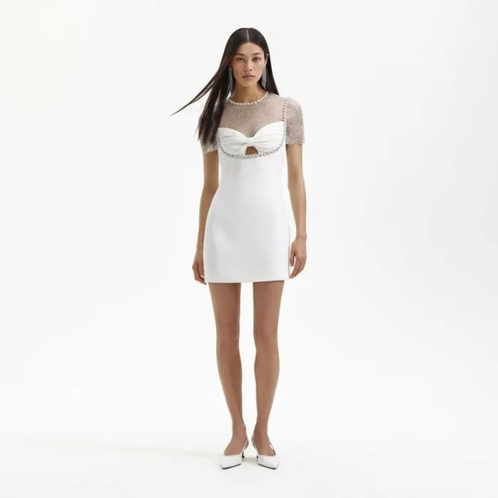 Self Portrait Bridal White Crepe Diamante Mesh Mini Dress 8211 Women
