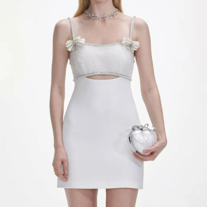 Self Portrait Bridal White Crepe Pearl Bow Mini Dress 8211 Women