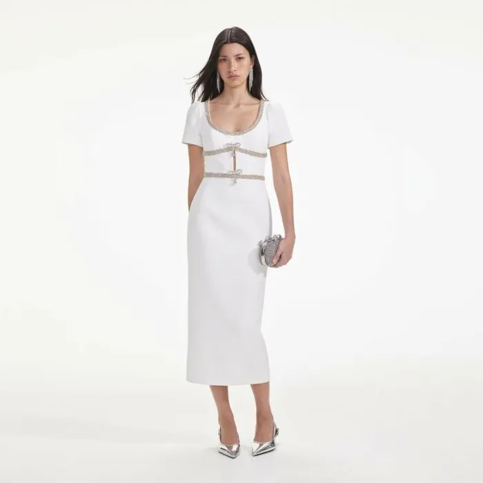 Self Portrait Bridal White Diamante Bow Trim Midi Dress 8211 Women