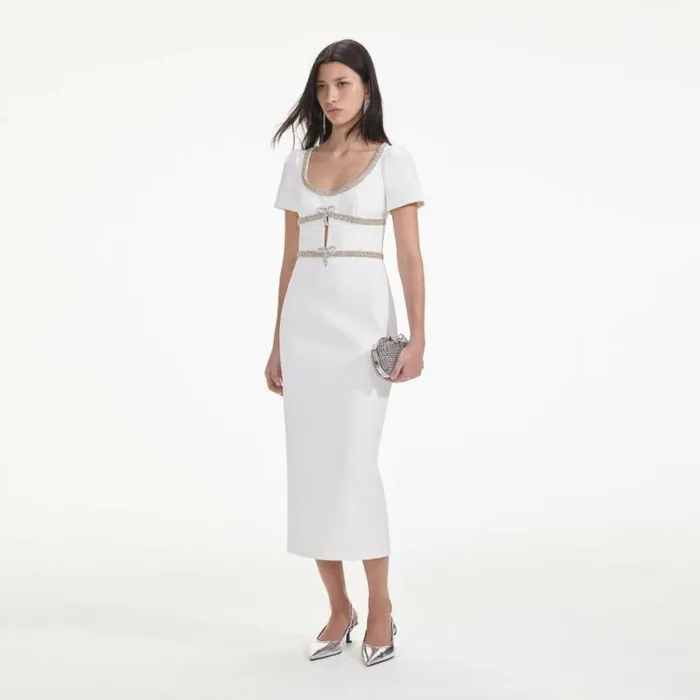 Self Portrait Bridal White Diamante Bow Trim Midi Dress 8211 Women