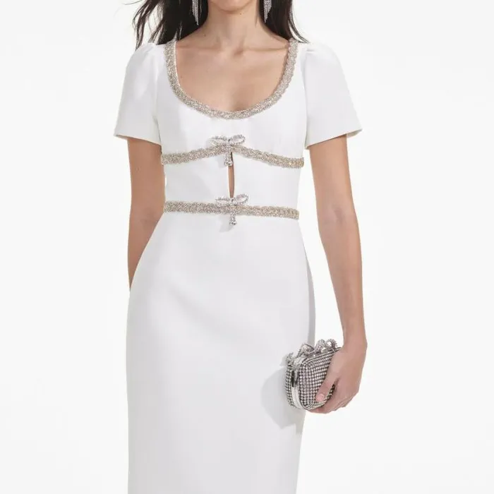 Self Portrait Bridal White Diamante Bow Trim Midi Dress 8211 Women