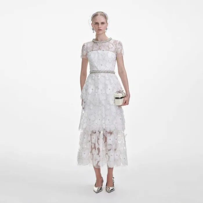 Self Portrait Bridal White Embellished Tulle Tiered Midi Dress 8211 Women