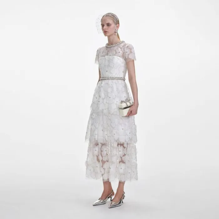 Self Portrait Bridal White Embellished Tulle Tiered Midi Dress 8211 Women