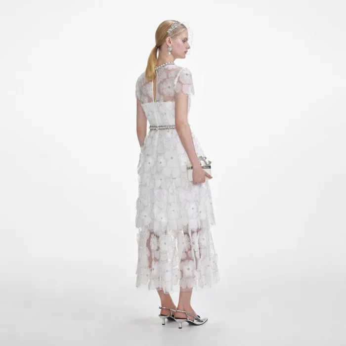 Self Portrait Bridal White Embellished Tulle Tiered Midi Dress 8211 Women