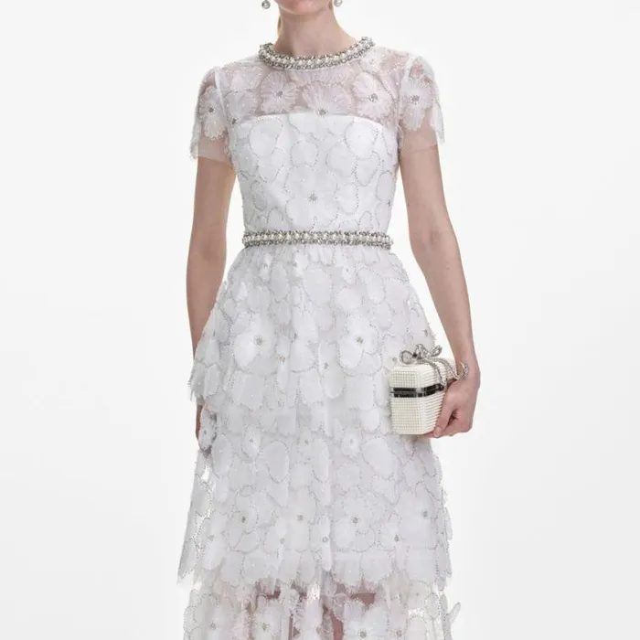 Self Portrait Bridal White Embellished Tulle Tiered Midi Dress 8211 Women