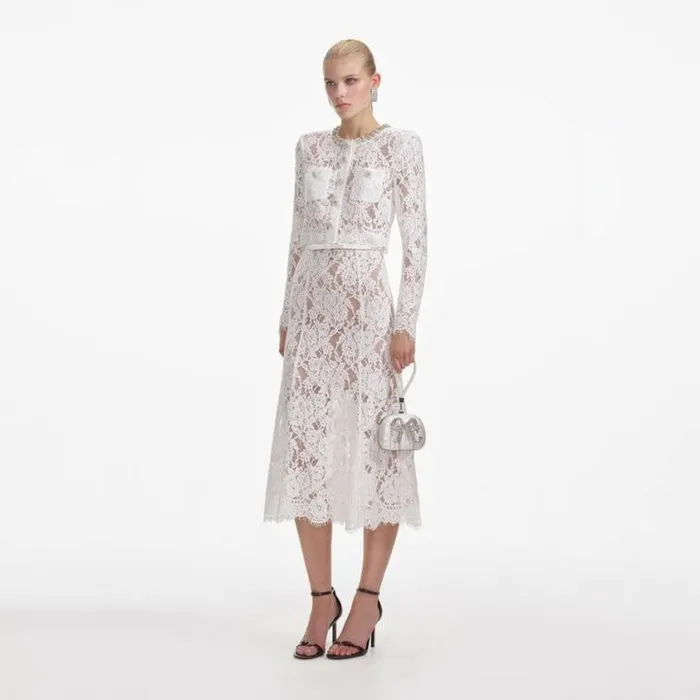 Self Portrait Bridal White Lace Embellished Midi Dress 8211 Women