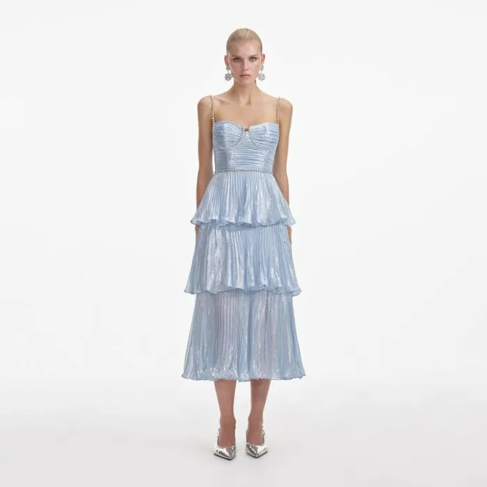 Self Portrait Bridesmaid Blue Metallic Tiered Midi Dress 8211 Women