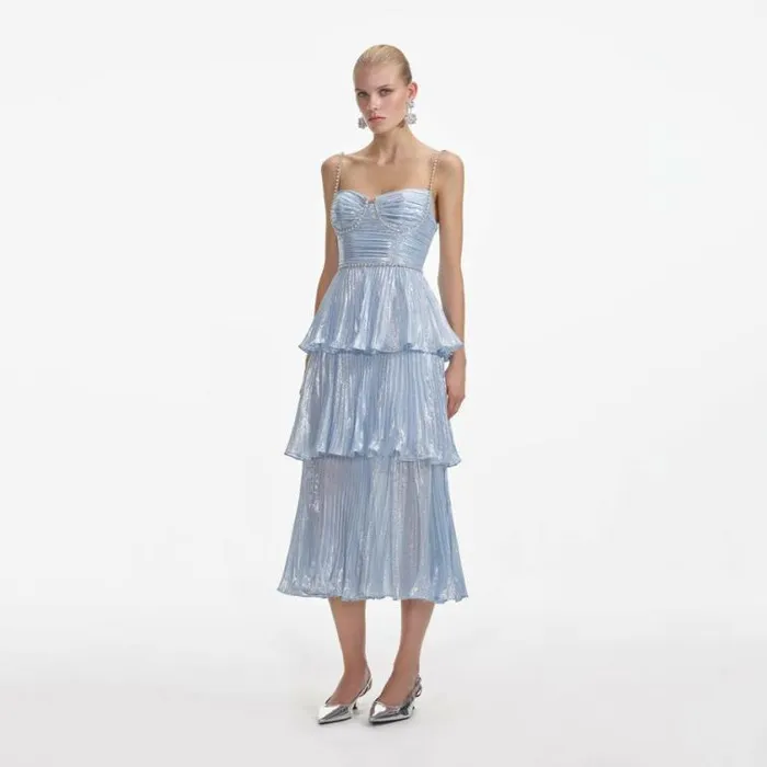 Self Portrait Bridesmaid Blue Metallic Tiered Midi Dress 8211 Women