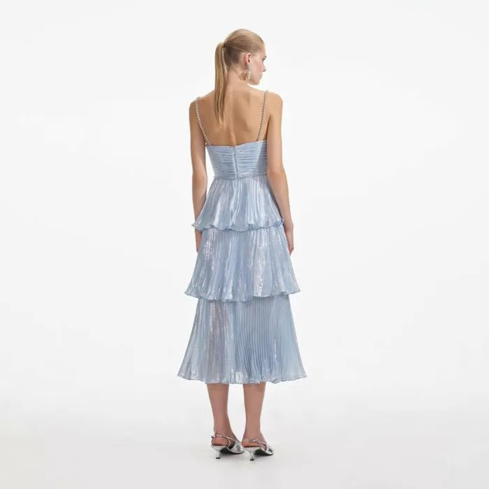 Self Portrait Bridesmaid Blue Metallic Tiered Midi Dress 8211 Women
