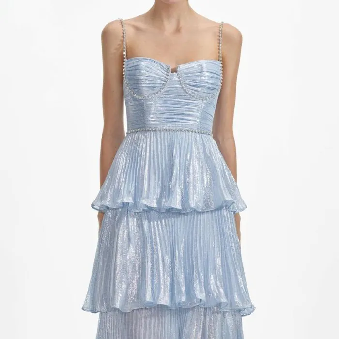 Self Portrait Bridesmaid Blue Metallic Tiered Midi Dress 8211 Women