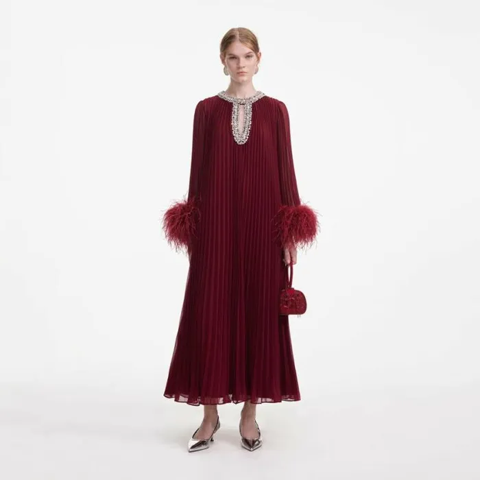 Self Portrait Bridesmaid Burgundy Chiffon Feather Midi Dress 8211 Women