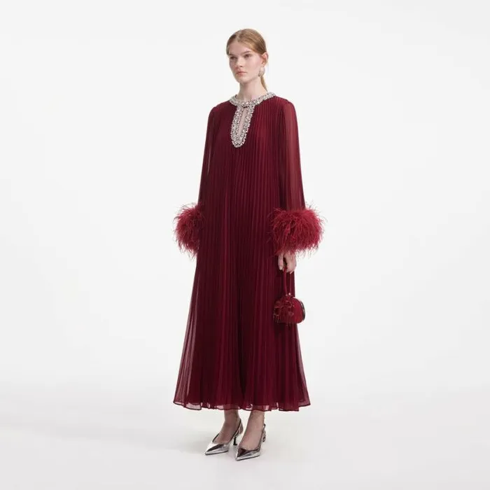 Self Portrait Bridesmaid Burgundy Chiffon Feather Midi Dress 8211 Women