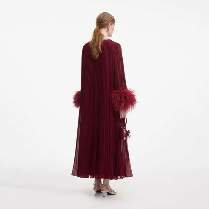 Self Portrait Bridesmaid Burgundy Chiffon Feather Midi Dress 8211 Women
