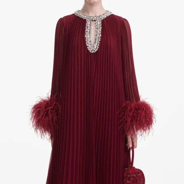 Self Portrait Bridesmaid Burgundy Chiffon Feather Midi Dress 8211 Women