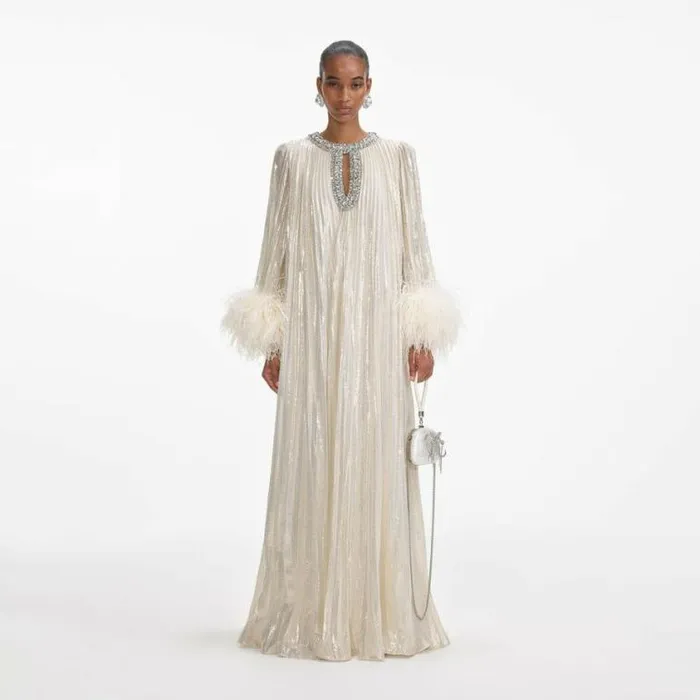 Self Portrait Bridesmaid Gold Metallic Feather Maxi Dress 8211 Women