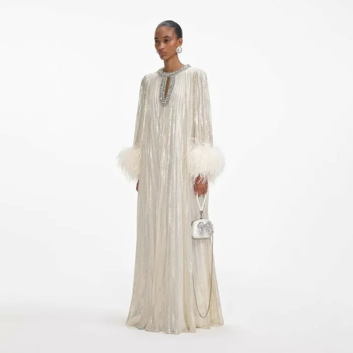 Self Portrait Bridesmaid Gold Metallic Feather Maxi Dress 8211 Women