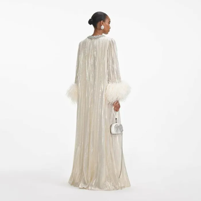Self Portrait Bridesmaid Gold Metallic Feather Maxi Dress 8211 Women