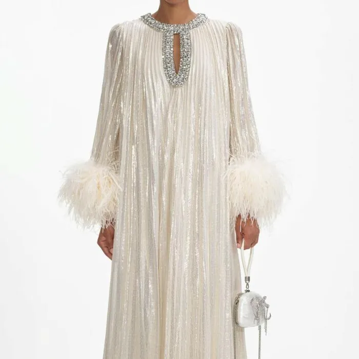 Self Portrait Bridesmaid Gold Metallic Feather Maxi Dress 8211 Women