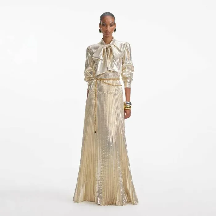 Self Portrait Bridesmaid Gold Metallic Pussy Bow Maxi Dress 8211 Women
