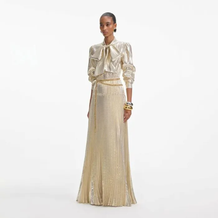 Self Portrait Bridesmaid Gold Metallic Pussy Bow Maxi Dress 8211 Women