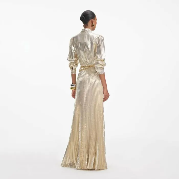 Self Portrait Bridesmaid Gold Metallic Pussy Bow Maxi Dress 8211 Women