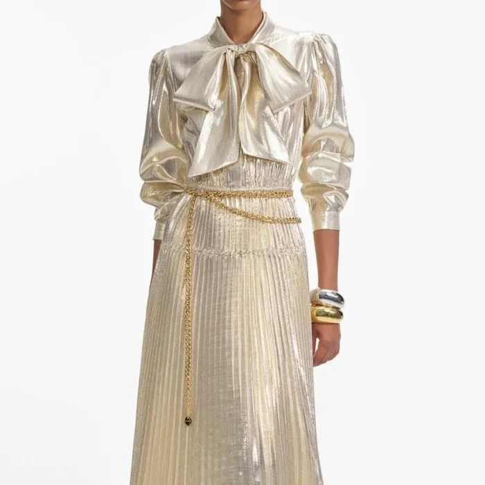 Self Portrait Bridesmaid Gold Metallic Pussy Bow Maxi Dress 8211 Women