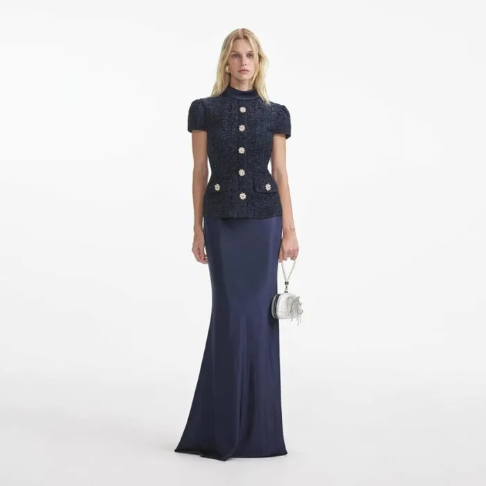 Self Portrait Bridesmaid Navy Metallic Boucle Maxi Dress 8211 Women