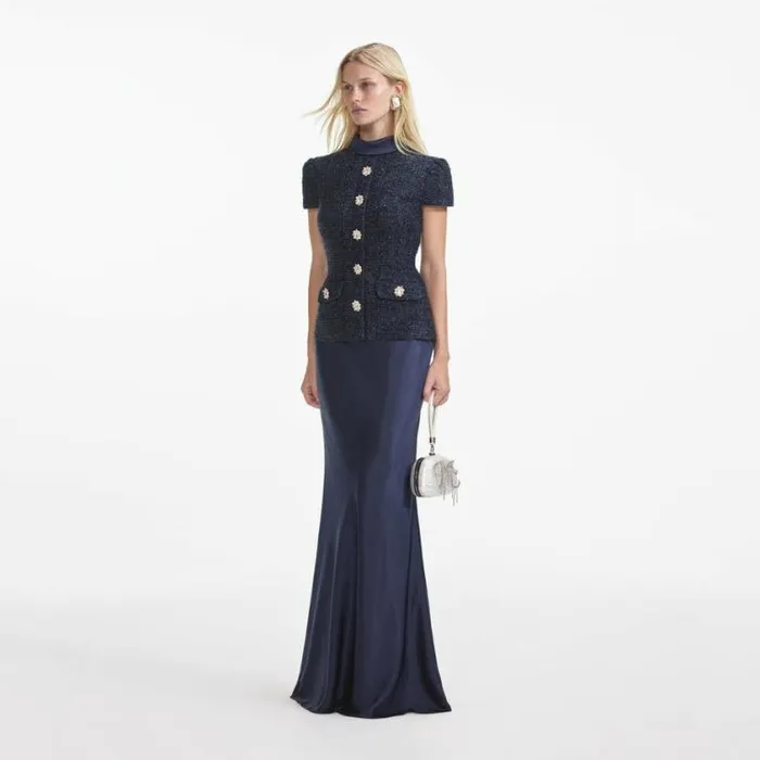 Self Portrait Bridesmaid Navy Metallic Boucle Maxi Dress 8211 Women