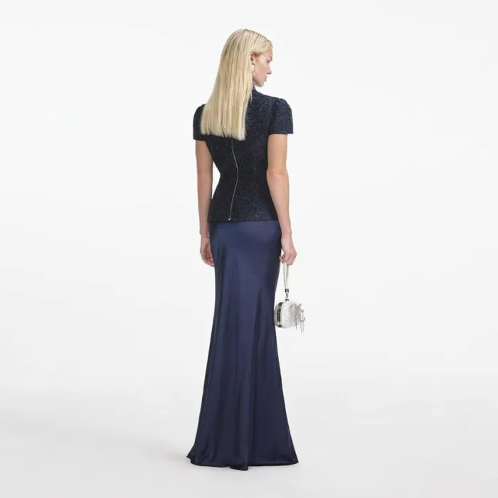Self Portrait Bridesmaid Navy Metallic Boucle Maxi Dress 8211 Women