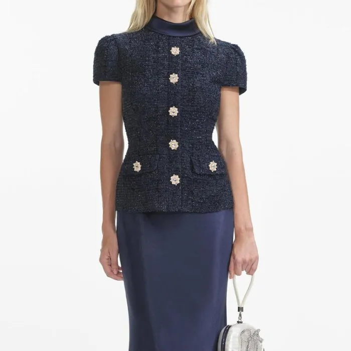 Self Portrait Bridesmaid Navy Metallic Boucle Maxi Dress 8211 Women