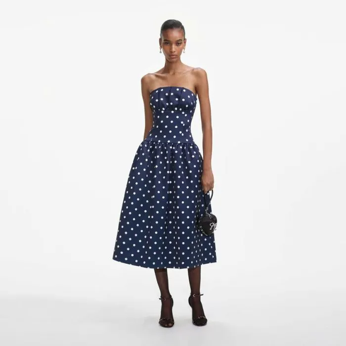 Self Portrait Bridesmaid Navy Polka Dot Satin Midi Dress 8211 Women