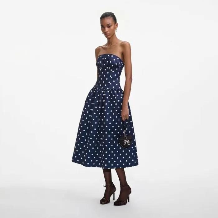 Self Portrait Bridesmaid Navy Polka Dot Satin Midi Dress 8211 Women