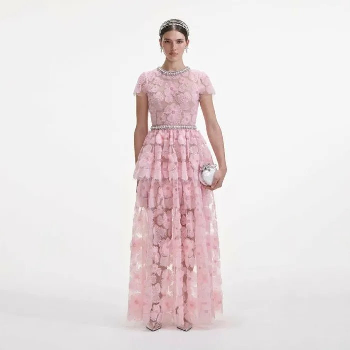 Self Portrait Bridesmaid Pink Embellished Tulle Maxi Dress 8211 Women