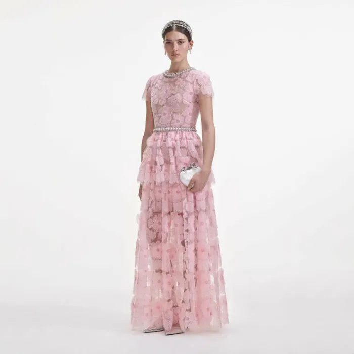 Self Portrait Bridesmaid Pink Embellished Tulle Maxi Dress 8211 Women