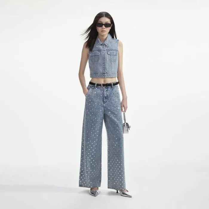 Self Portrait Denim Bleach Wash Rhinestone Denim Top 8211 Women