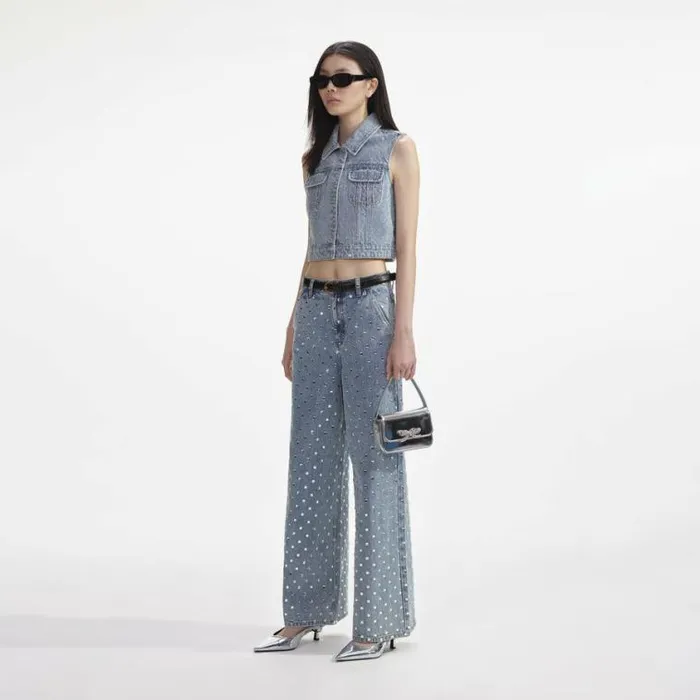 Self Portrait Denim Bleach Wash Rhinestone Denim Top 8211 Women
