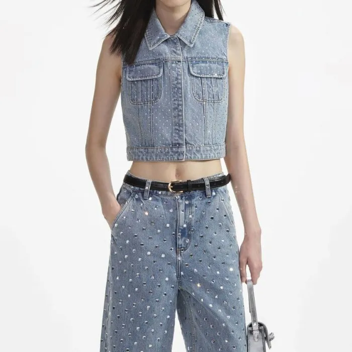 Self Portrait Denim Bleach Wash Rhinestone Denim Top 8211 Women